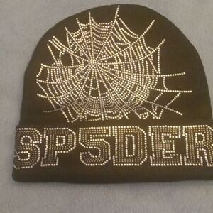SP5DER Black Beanie with Rhinestone Design